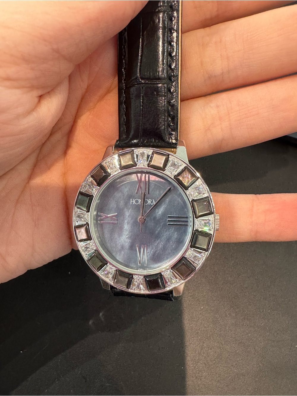 Brand New Honora Dark Mother of Pearl Topaz Baguette Bezel Watch Black Leather